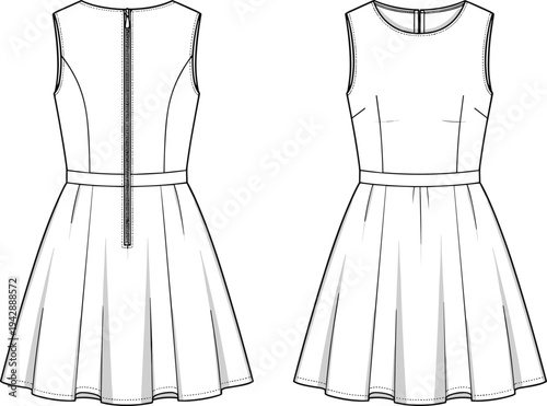 Sleeveless dress illustration, technical fashion sketch, front and back view, pleated skirt, fitted bodice, round neckline, zipper closure, garment design