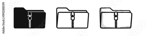 Zipped folder archive icon set. Compressed file symbol. Solid, outline, and doodle style data compression graphics.
