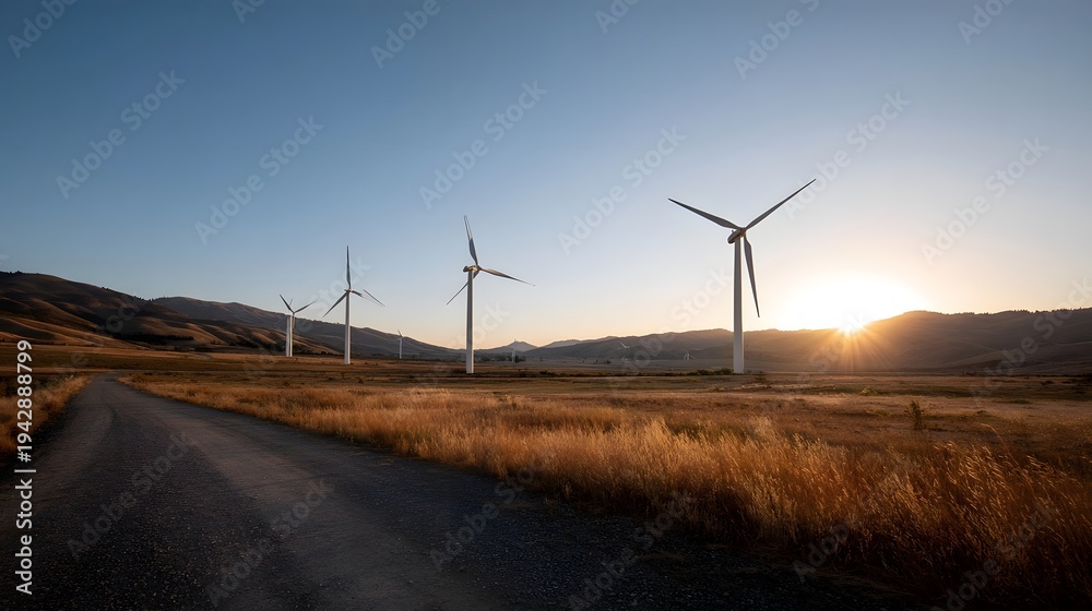 Obraz premium Rows of wind turbines stand tall in a dry field illuminated by the warm golden light of a setting sun