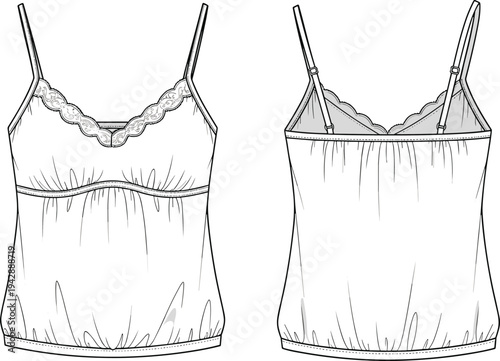 Women’s camisole illustration, technical fashion sketch, lace trim neckline, racerback straps, gathered bust seam, blousy silhouette, garment construction, apparel design