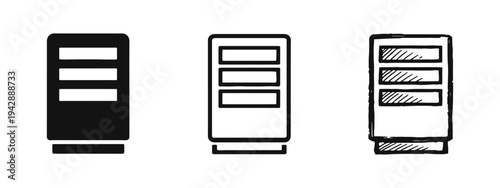 Server tower database icon set. Data center host symbol. Solid, outline, and doodle style network storage graphics.
