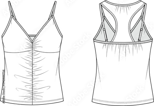 Women’s camisole illustration, technical fashion sketch, V-neckline, racerback design, gathered detailing, fitted silhouette, adjustable straps, garment construction, apparel, clothing