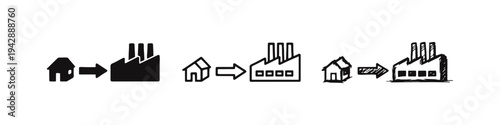 House to factory process icon set. Small business growing to industry symbol. Supply chain illustration.