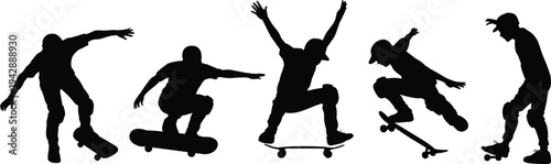Skateboarder silhouettes performing tricks, urban skateboarding action, extreme sport motion, street culture, dynamic skater jumps isolated on white background