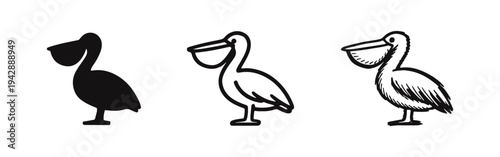 Pelican bird icon set. Waterfowl silhouette and outline symbols. Coastal wildlife illustration.