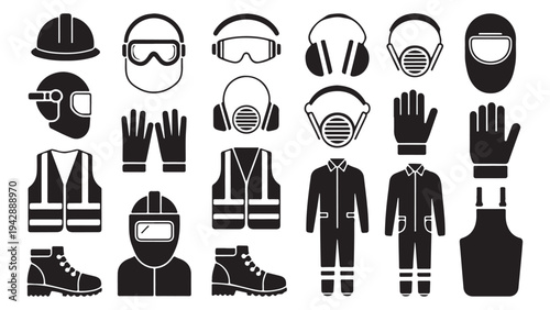 Personal protective equipment set icon collection for industrial safety and occupational health work