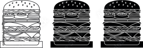 Set of three delicious double cheeseburger icons featuring outline and solid black silhouette styles for restaurant menus and food apps.