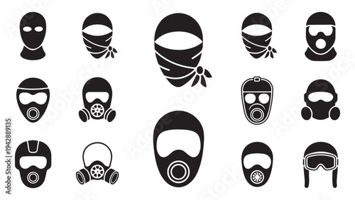 Set of balaclava, gas mask, and scarf icons, headwear and face protection symbols, security elements