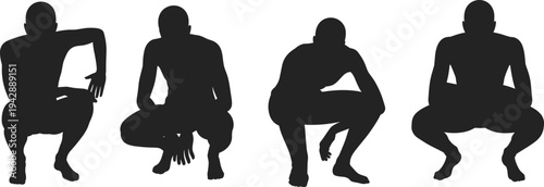 Squatting man silhouettes collection, male crouching poses and street style body positions, black vector illustration isolated set
