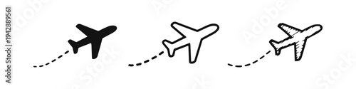 Airplane with flight path icon set in solid, outline, and hand-drawn styles, ideal for travel and aviation themes.