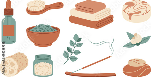 Spa aromatherapy holistic wellness icons with essential oil eucalyptus bath salts incense stick in terracotta muted teal cream for beauty design