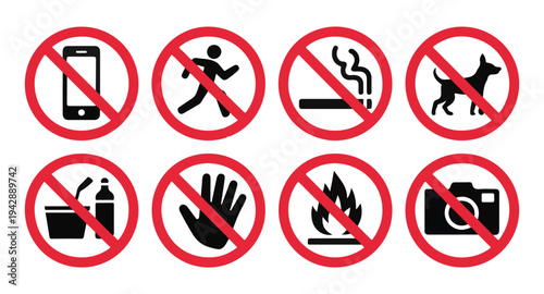 Mandatory safety prohibition icons for public spaces showing restricted items and activities collection