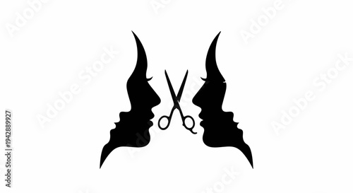 Symmetrical graphic of intertwined profiles facing scissors, symbolizing hair salon services.