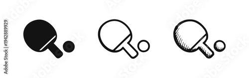 Table tennis paddle and ball icon set in solid, outline, and hand-drawn styles for sports and recreation.
