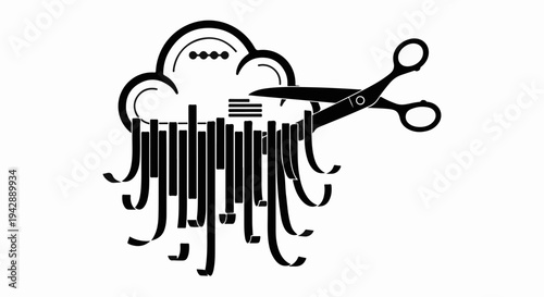 Scissors cutting through abstract cloud data, symbolizing data deletion or privacy.