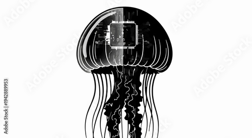 Futuristic jellyfish with integrated technology symbolizes artificial intelligence and deep sea exploration.