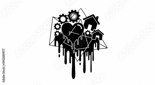 Abstract dripping heart with gears and houses, symbolizing emotional complexity and mechanical life.