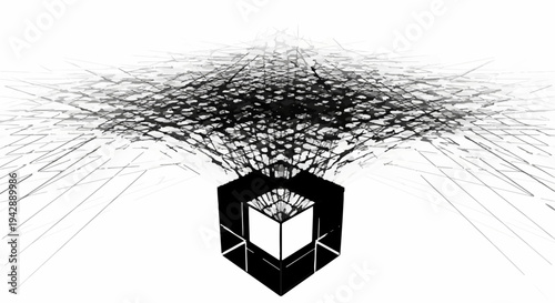 Abstract representation of data flow and information explosion from a central cube.