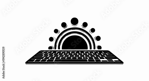 Digital sunrise over a keyboard, symbolizing new beginnings in technology and innovation.