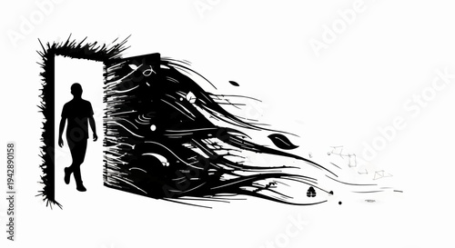 Silhouette of a person stepping through a doorway into a swirling abstract void.