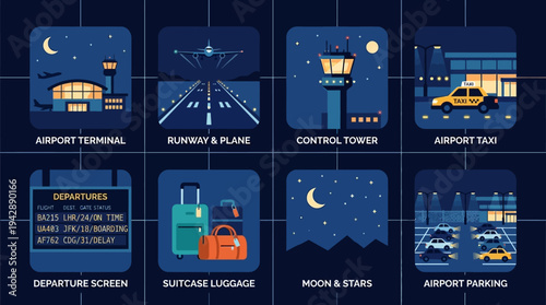 Night Airport Travel Icons Illustration