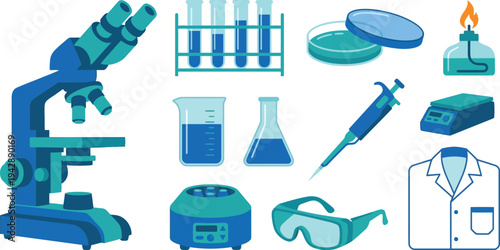 Medical laboratory equipment icons with compound microscope Bunsen burner centrifuge lab coat in clinical blue teal for science design