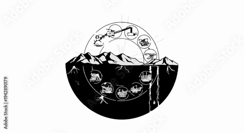 Circular diagram illustrating the interconnectedness of industry, nature, and technology.