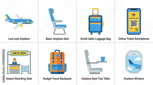 Budget Air Travel Essentials Icons for Passengers