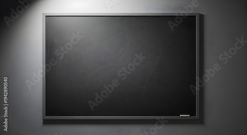 Blank blackboard on gray wall with spotlight, empty classroom background, education concept