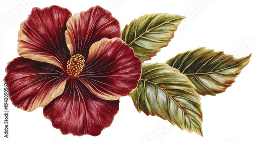 A captivating close-up showcases a meticulously hand-painted hibiscus bloom in rich burgundy tones, paired with lush green leaves, rendered on a white background.