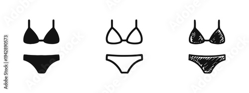 Bikini swimwear icon set. Summer fashion symbols in solid, outline, and hand-drawn sketch styles. Vector illustration.