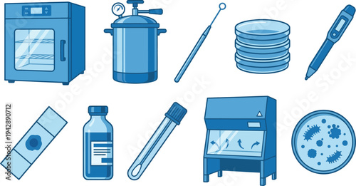 Microbiology cell culture lab icons with autoclave incubator biosafety cabinet bacterial colony in blue white for science illustration design