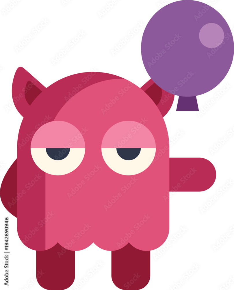 Fototapeta premium Pink cartoon character with a sad expression holding a single purple balloon