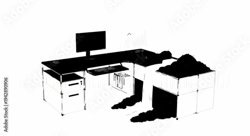 Overwhelmed office worker sinking into a pile of work at their desk.