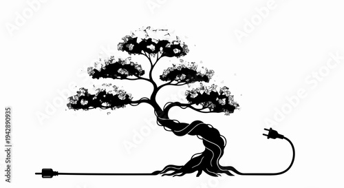 Symbolic tree with power cord, representing nature and technology connection.