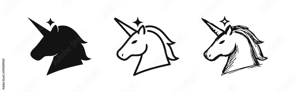Fototapeta premium Unicorn Head Icon Set. Vector Black and White Isolated Graphics of Magical Fantasy Creature with Sparkle.