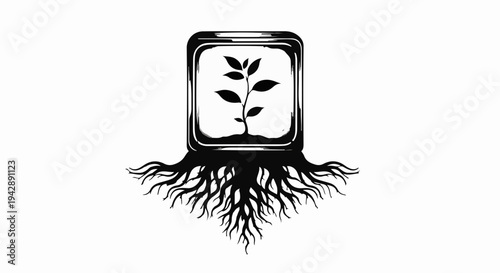 Growth and technology merge: a seedling sprouts from a digital root system.