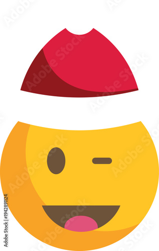 Yellow emoticon winking and smiling, wearing a red christmas hat