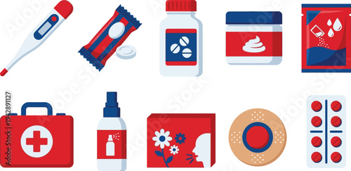 Over-the-counter medicine icons with antacid thermometer antiseptic spray allergy medication plaster in red white dark blue for self-care design