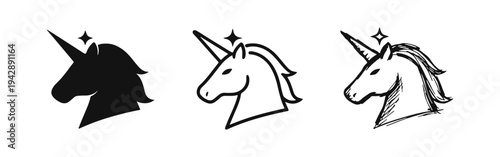 Unicorn Head Icon Set. Vector Black and White Isolated Graphics of Magical Fantasy Creature with Sparkle.