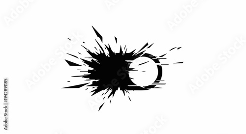 Abstract black ink splash bursting outwards with digital glitch effect on white background