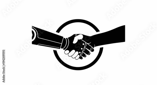 Symbolic handshake between human and robot arm representing partnership and future technology