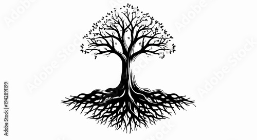Symbolic tree with prominent roots representing growth, life, and connection