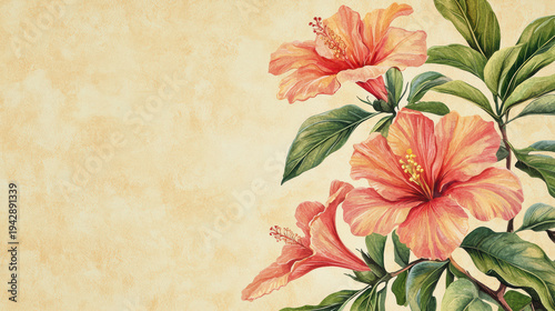 Watercolor painting showcases coral hibiscus flowers with verdant leaves, creating a serene and botanical aesthetic on a textured parchment paper backdrop.