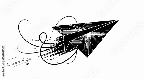 Futuristic paper airplane soaring with digital circuits and motion trails