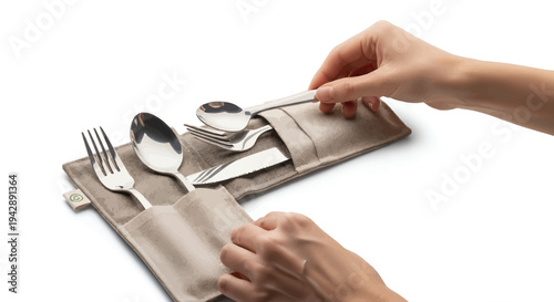 Reusable utensil set in eco-friendly pouch being opened