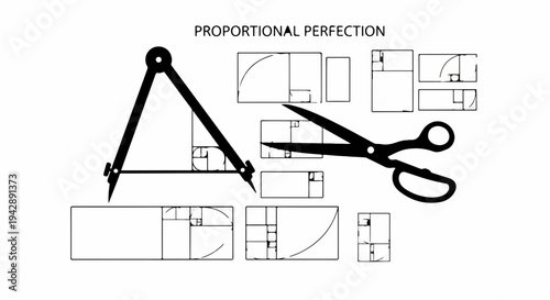 Geometric shapes illustrating proportional perfection with a compass and scissors