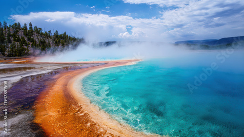 Wallpaper Mural Geothermal hot springs resort, spa, bath pool, relaxation vacation theme. A breathtaking view of Yellowstone National Parks Grand Prismatic Spring, with its vibrant turquoise water. Torontodigital.ca