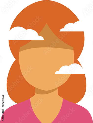 Woman's head featuring clouds inside, symbolizing mental health, thoughts, and dreaming