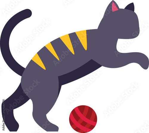 Feline animal jumping, playing with a small ball of yarn in an illustrative style